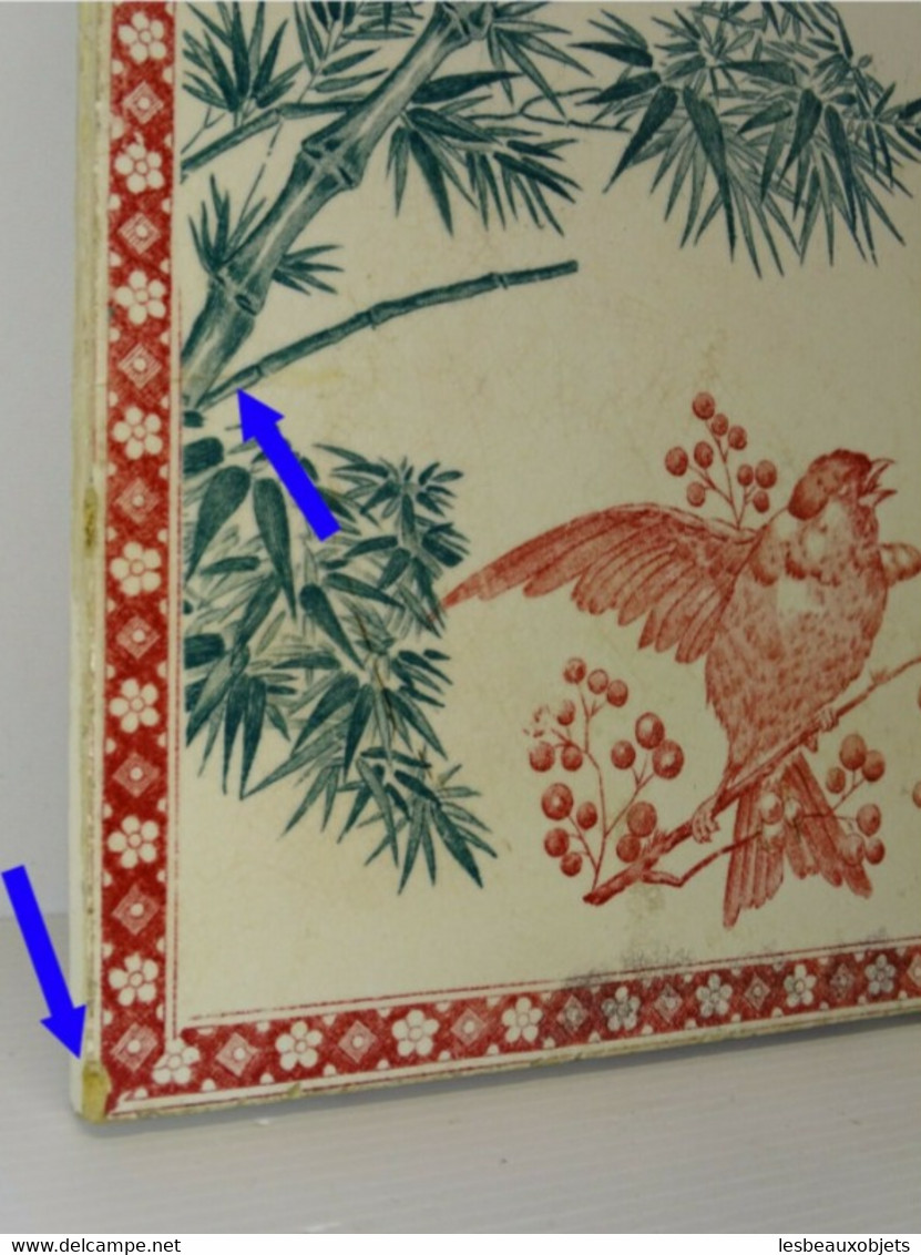 ANCIEN CARREAU DESSOUS DE PLAT CERAMIQUE FAÏENCE LONGWY OISEAU ROSE BAMBOUS Déco - Longwy (FRA)