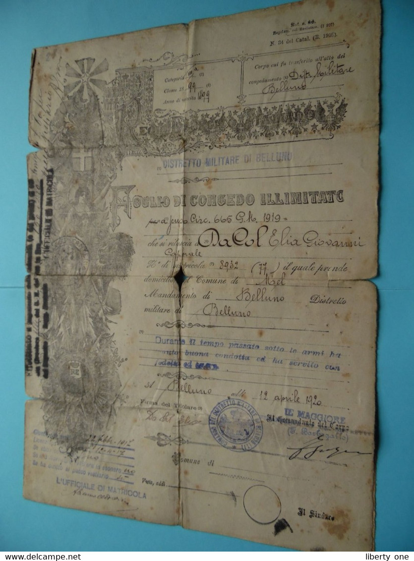 DA COL Elia ( Caporale ) 1919 N° 8932 Comune De Mel / Distretto Militare Di BELLUNO ( Voir See Photo ) 12 Aprile 1920 ! - Documenti