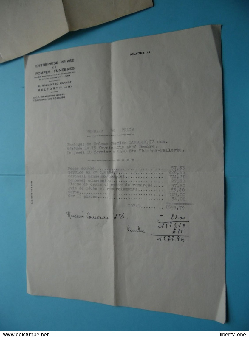 Entreprises Privée De Pompes Funèbres Blvd Carnot BELFORT ( Voir > Photo ) 24/2/1965 > Reçu + Fact (Lamblin)! - Cars