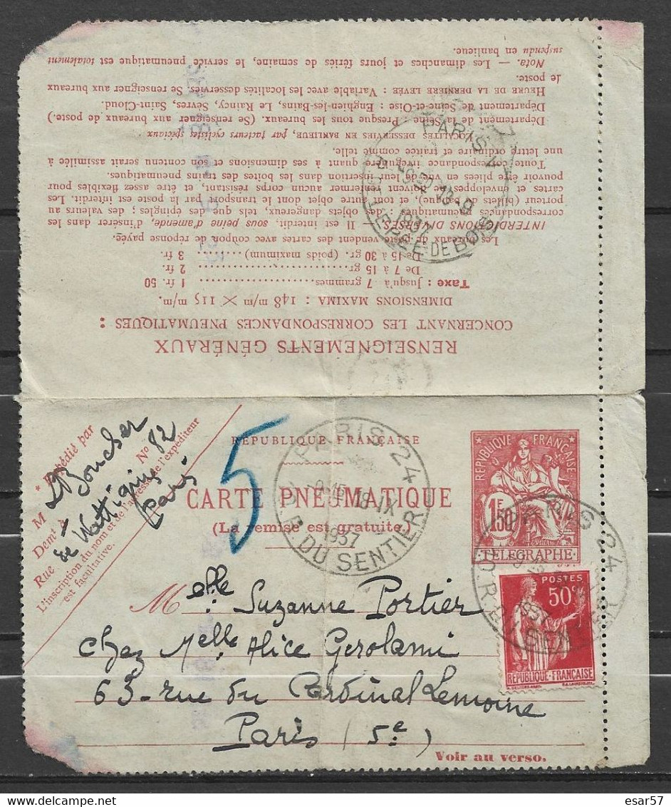 PNEUMATIQUE - 1937 - CARTE-LETTRE CHAPLAIN + PAIX - Pneumatic Post