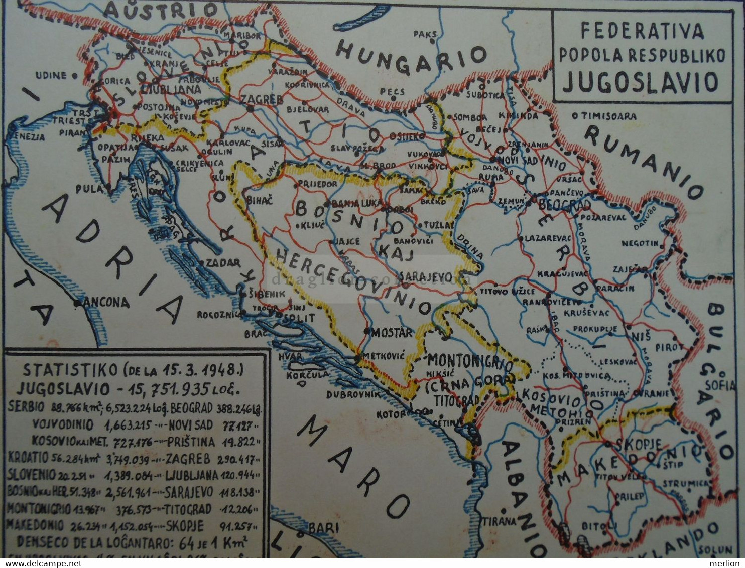 D182699 Yugoslavia Map Esperanto - Federatiovo Popola Respubliko Jugoslavio -cancel Ljubljana  1951 Many Autographs - Esperanto