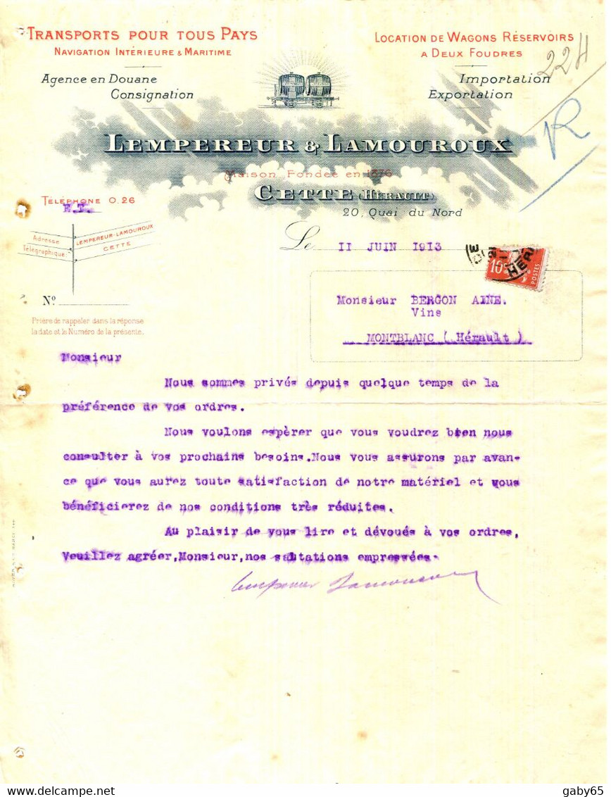 34.HERAULT. SETE.TRANSPORTS POUR TOUS PAYS.NAVIGATION INTERIEURE & MARITIME.WAGONS RESERVOIRS.LEMPEREUR & LAMOUROUX. - Transport