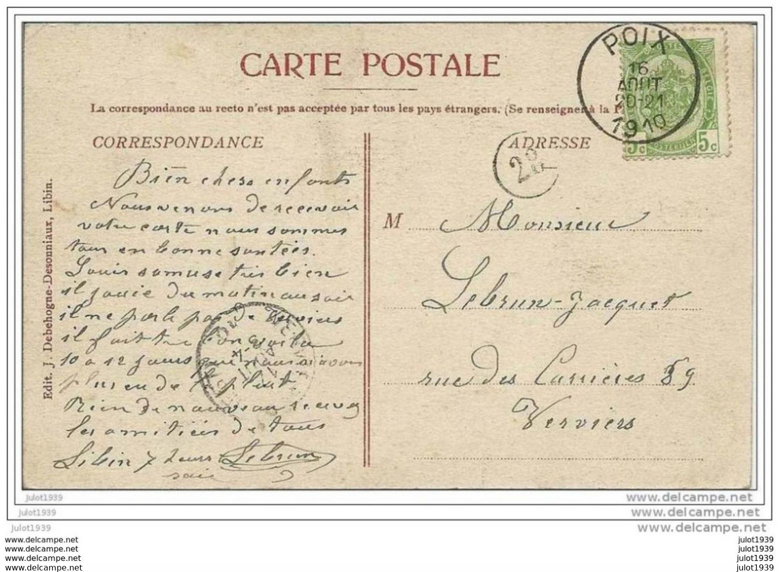 LIBIN  ..-- Rue Remifontaine . 1910 De POIX Vers VERVIERS ( Mr LEBRUN - JACQUET ) . Voir Verso . - Libin