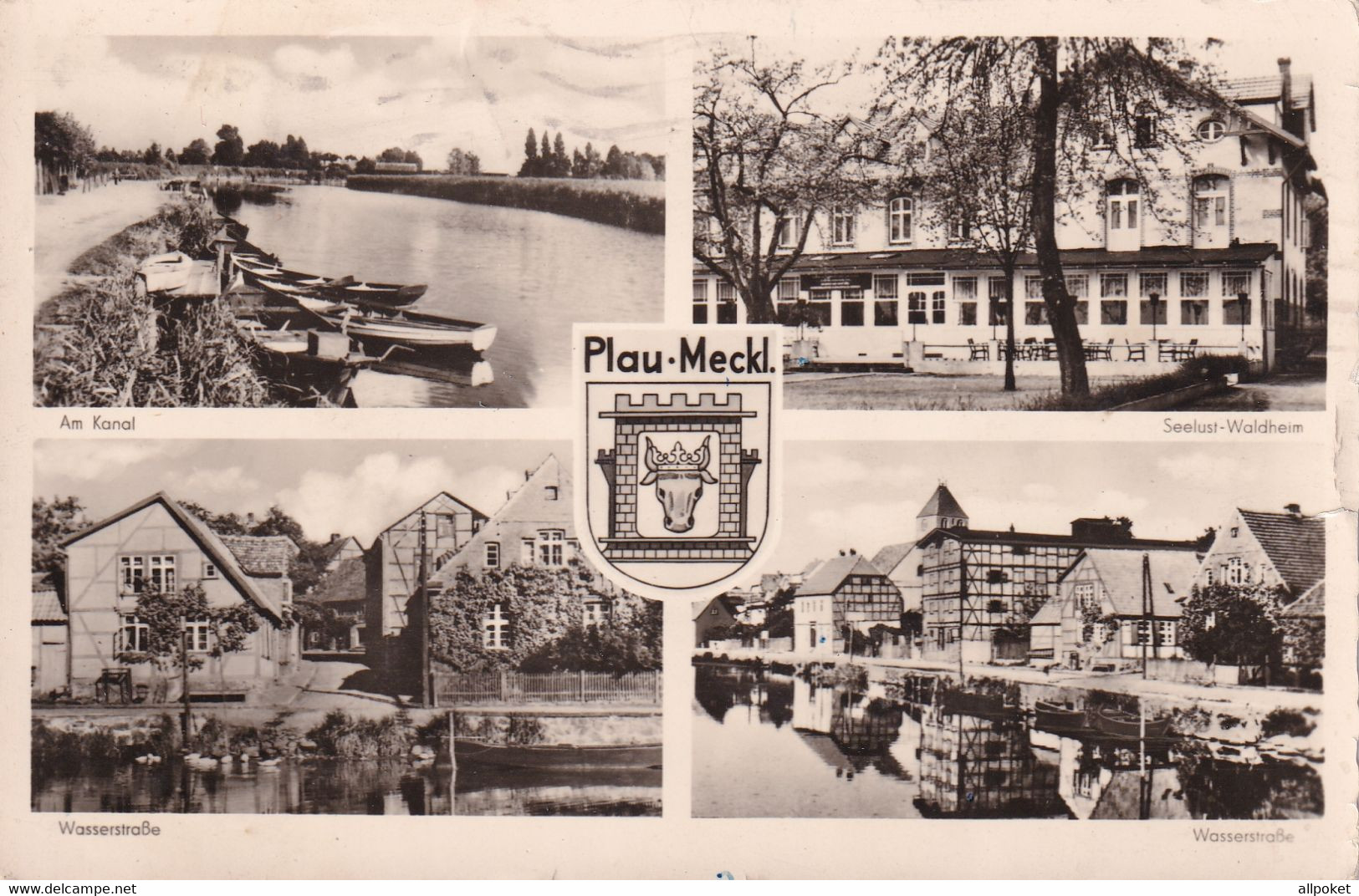 A13205-CANAL RIVER HOUSES ARCHITECTURE PLAU MECKL GERMANY 1955 USED STAMPS VINTAGE POSTCARD - Plau