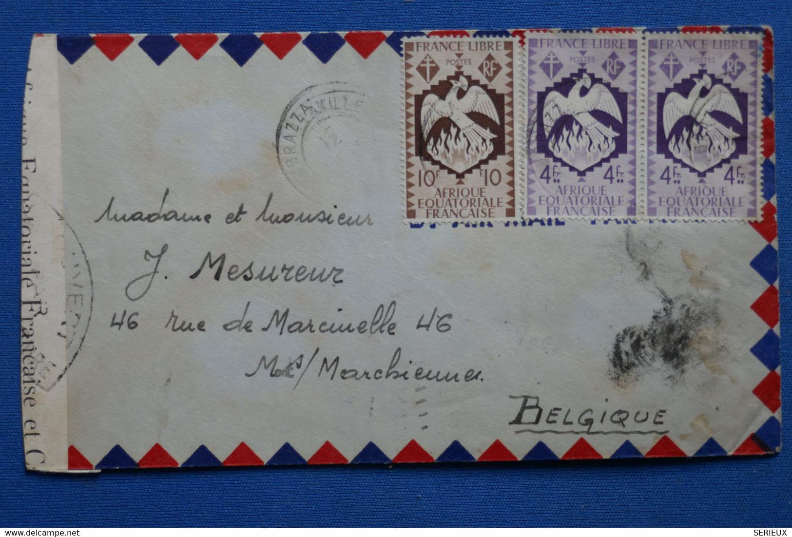 Y14 AEF CONGO BELLE LETTRE  CENSURE 1940 BRAZZAVILLE+ PAIRE DE T.P    + AFFRAN.INTERESSANT - Lettres & Documents