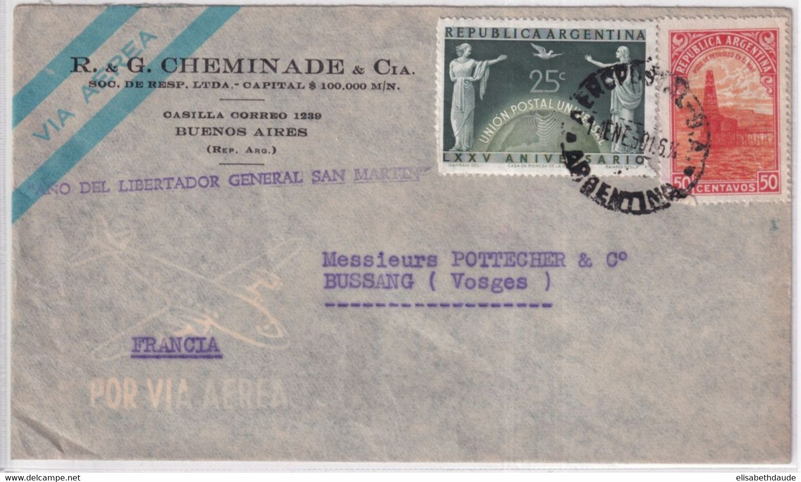 ARGENTINA - 1950 - MARQUE "ANO DEL LIBERTADOR GENERAL SAN MARTIN" Sur ENVELOPPE De BUENOS AIRES => BUSSANG (VOSGES) - Brieven En Documenten