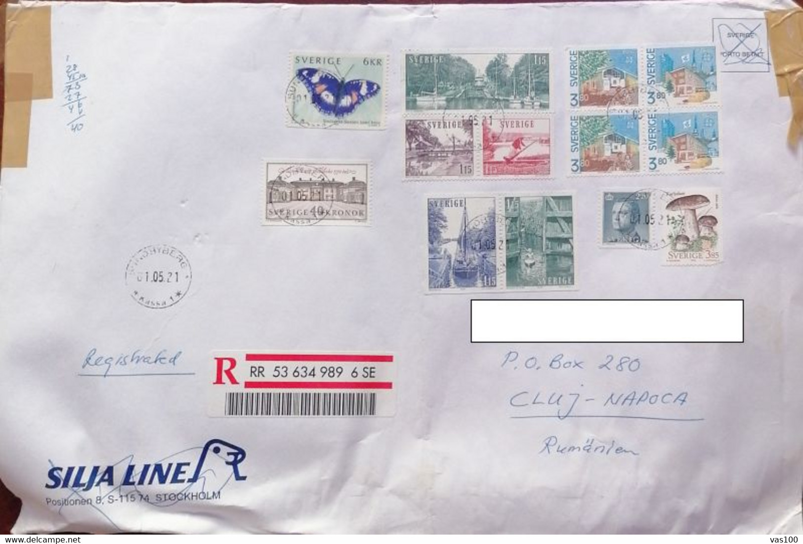 BUTTERFLY, PALACE, LANDSCAPES, BOATS, ARCHITECTURE, KING, MUSHROOMS, STAMPS ON REGISTERED COVER, 2001, SWEDEN - Briefe U. Dokumente