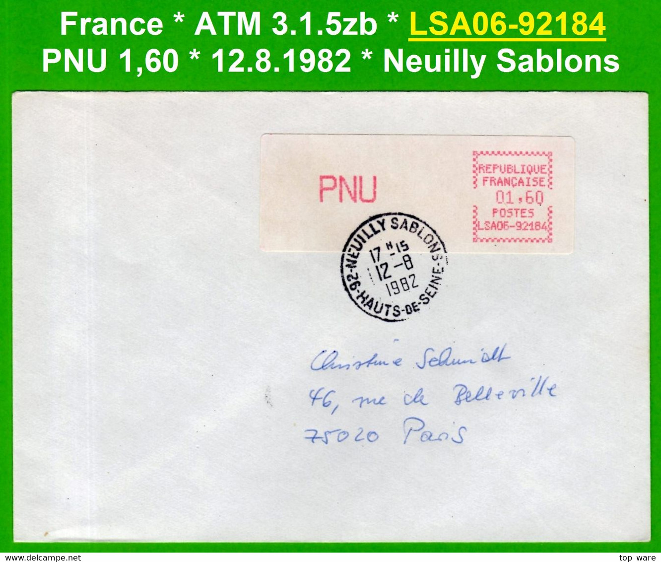 France ATM Vignette LSA06-92184 / Michel 3.1.5 Zb / PNU 1,60 FF / Neuilly Sablons / LSA Distributeurs Automatenmarken - 1981-84 LS & LSA Prototipos