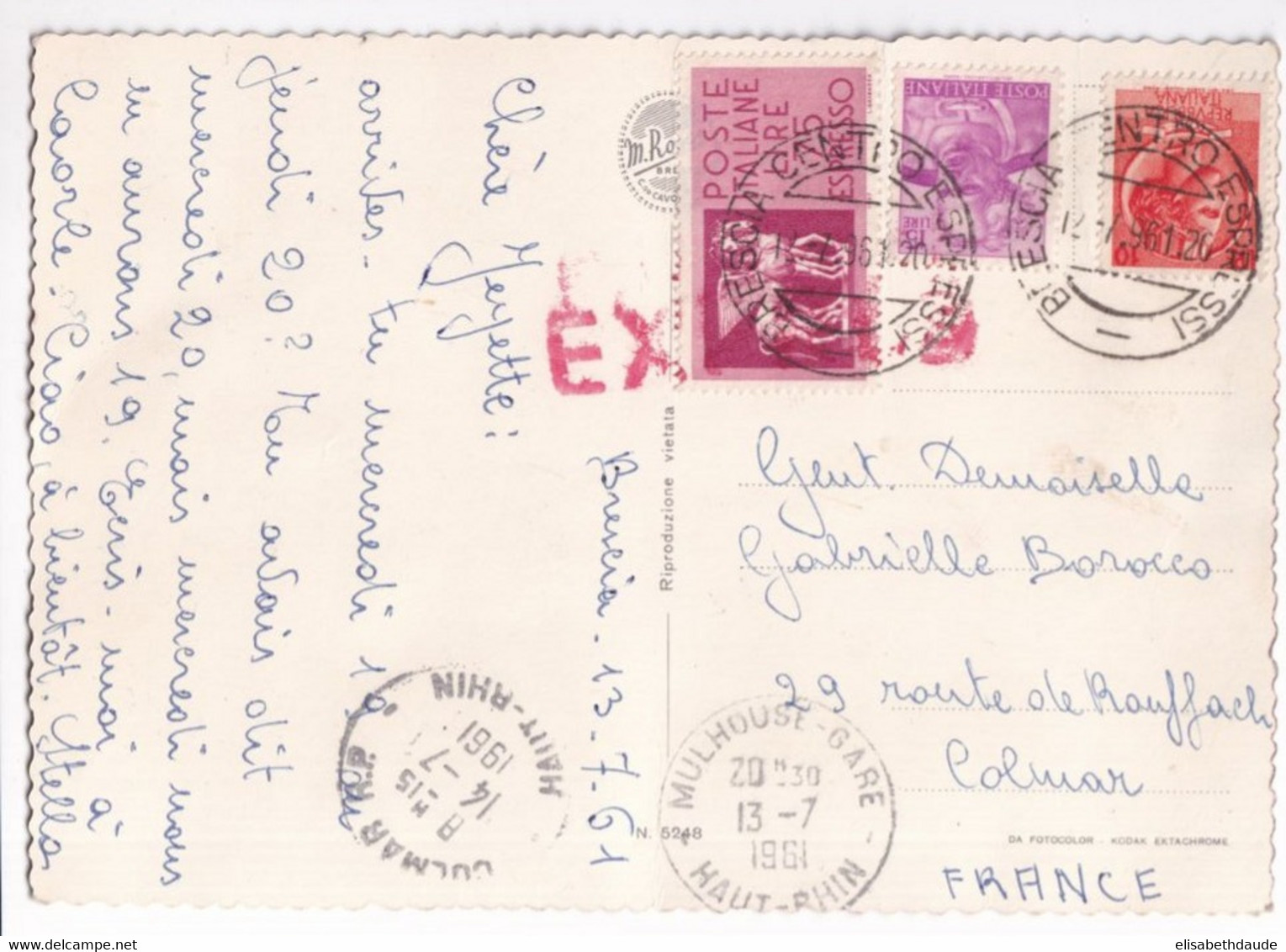 ITALIA - 1961 - CARTE EXPRES ! De BRESCIA CENTRO ESPRESSI => COLMAR - Eilpost/Rohrpost