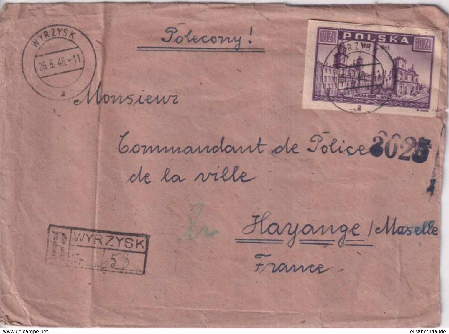 POLOGNE - 1946 - ENVELOPPE RECOMMANDEE De WYRZYSK => HAYANGE (MOSELLE) - Briefe U. Dokumente