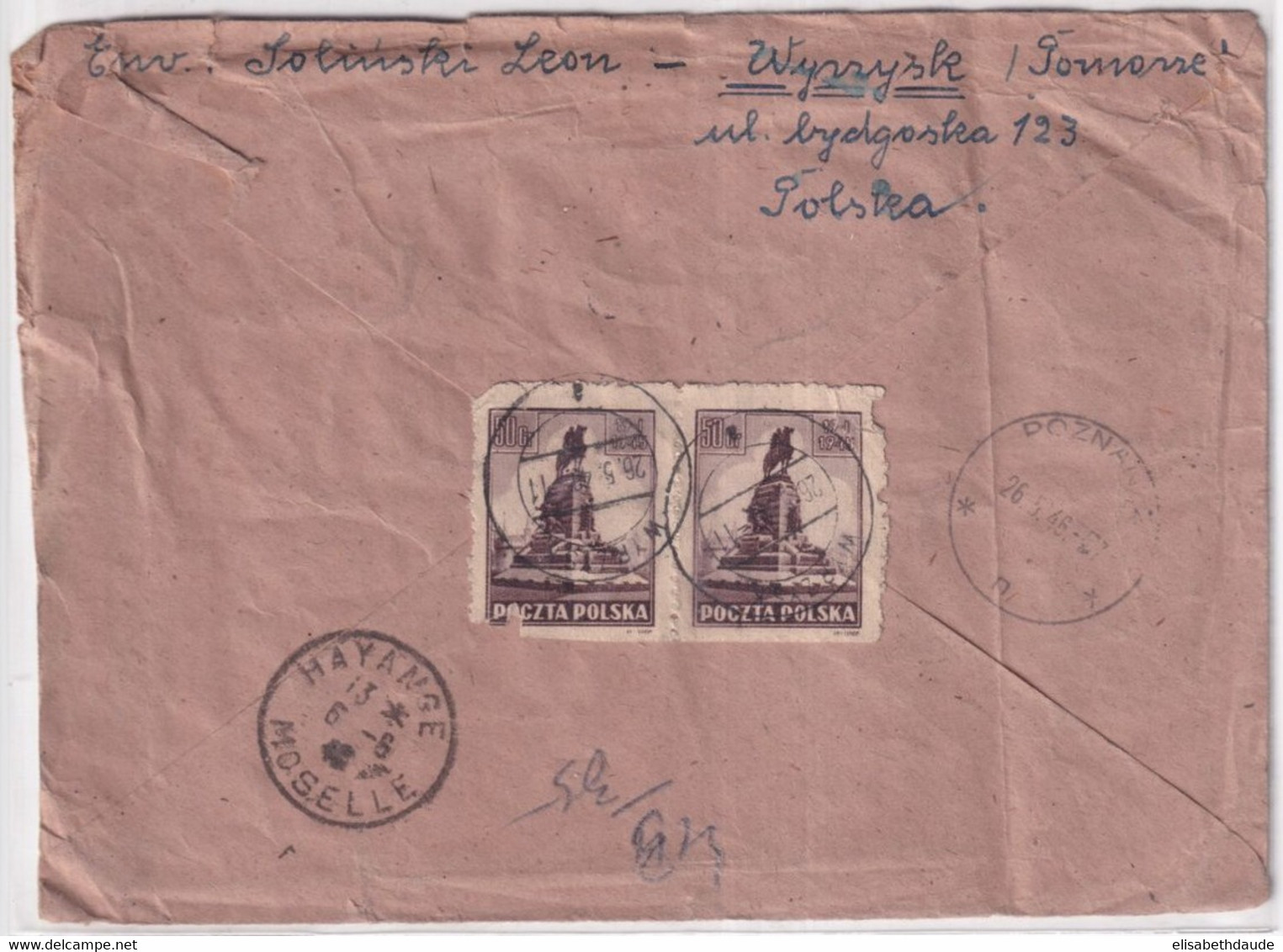 POLOGNE - 1946 - ENVELOPPE RECOMMANDEE De WYRZYSK => HAYANGE (MOSELLE) - Brieven En Documenten