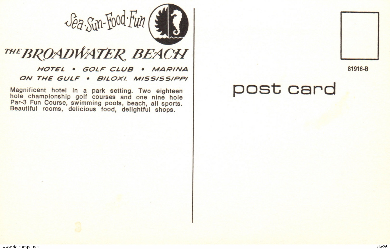 The Roadwater Beach Golf Club, Hotel, Marina On The Gulf - Biloxi Mississipi - Post Card Sea-Sun-Food-Fun - Golf