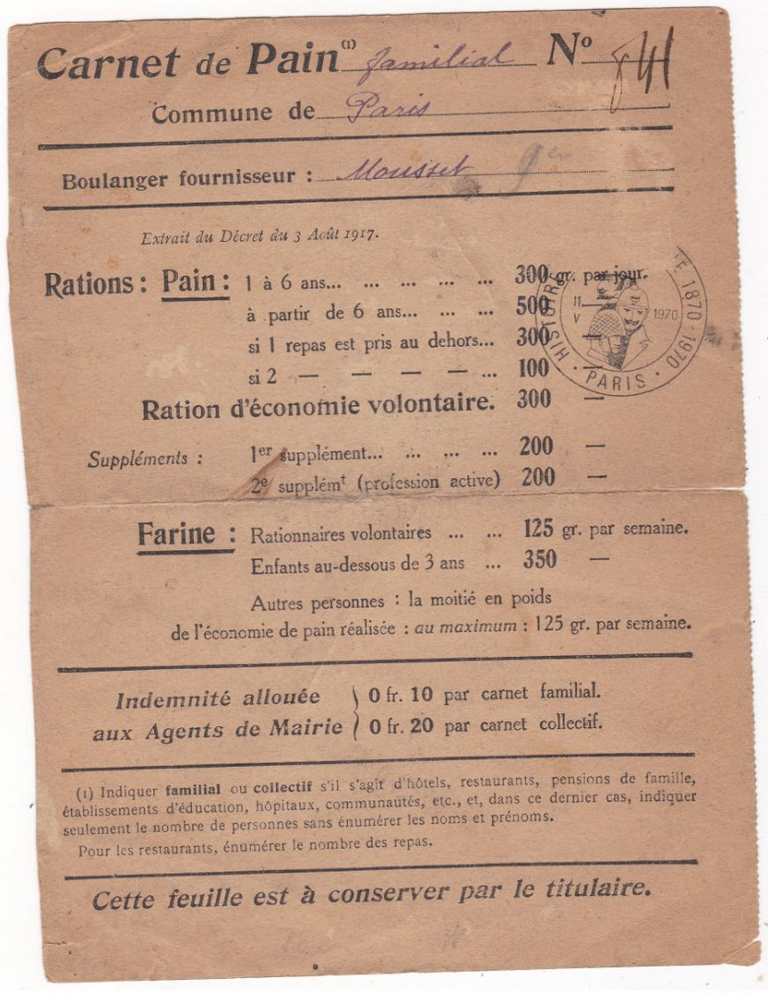 CARNET  DE  PAIN  FAMILIAL  N+ 41  COMMUNE DE PARIS  BOULANGER FOURNISSEUR   MOUSSET - Historical Documents