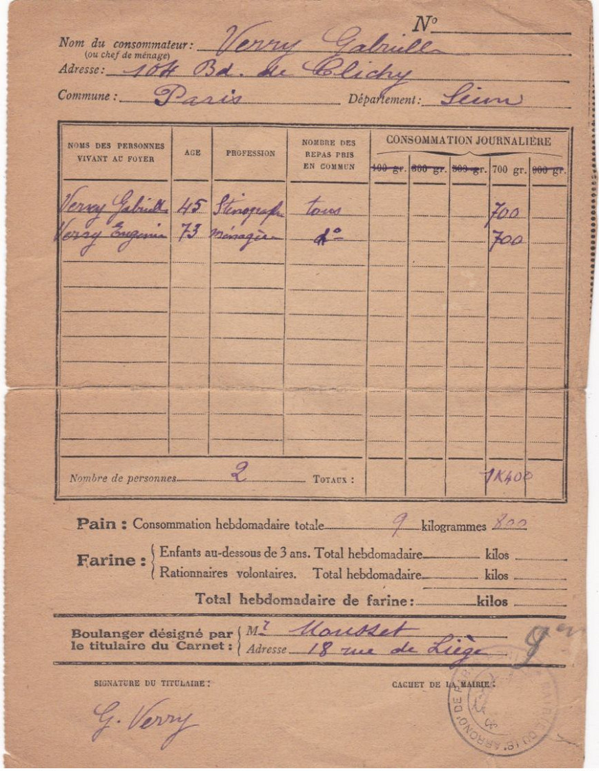 CARNET  DE  PAIN  FAMILIAL  N+ 41  COMMUNE DE PARIS  BOULANGER FOURNISSEUR   MOUSSET - Historical Documents