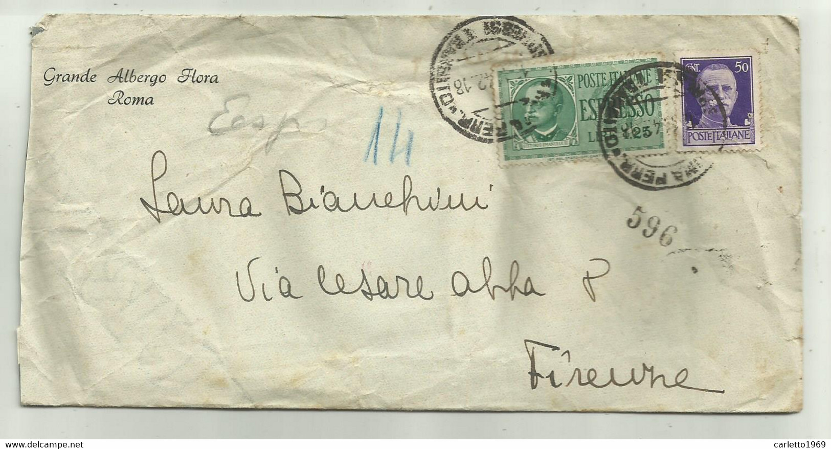 ESPRESSO LIRE 1,25 + CENT. 50 SU BUSTA GRANDE ALBERGO FLORA ROMA 1942 - Usados