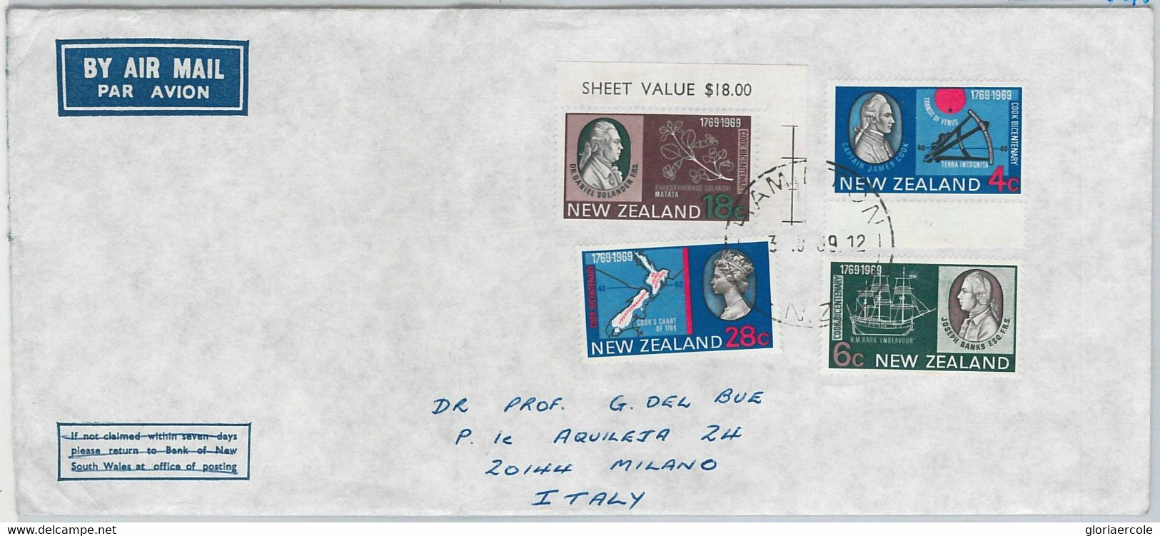 65140  -  NEW ZEALAND - POSTAL HISTORY - COVER To ITALY  1969 : NAVIGATION Boats - Brieven En Documenten