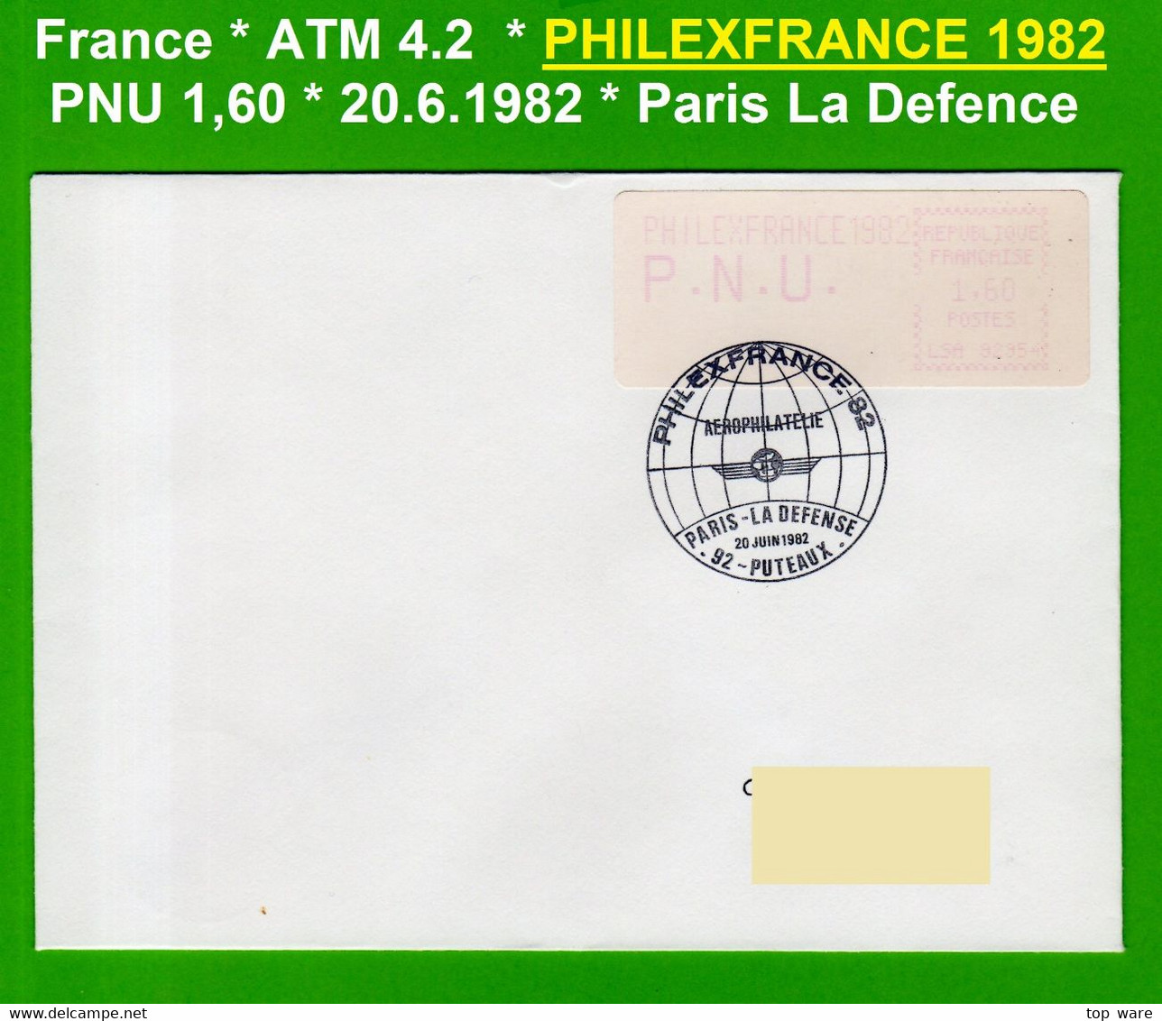 France ATM Vignette LSA 92954 / Michel 4.2 / PNU 1,60 FF On Cover / PHILEXFRANCE 82 / LSA Distributeurs Automatenmarken - 1981-84 Types « LS » & « LSA » (prototypes)