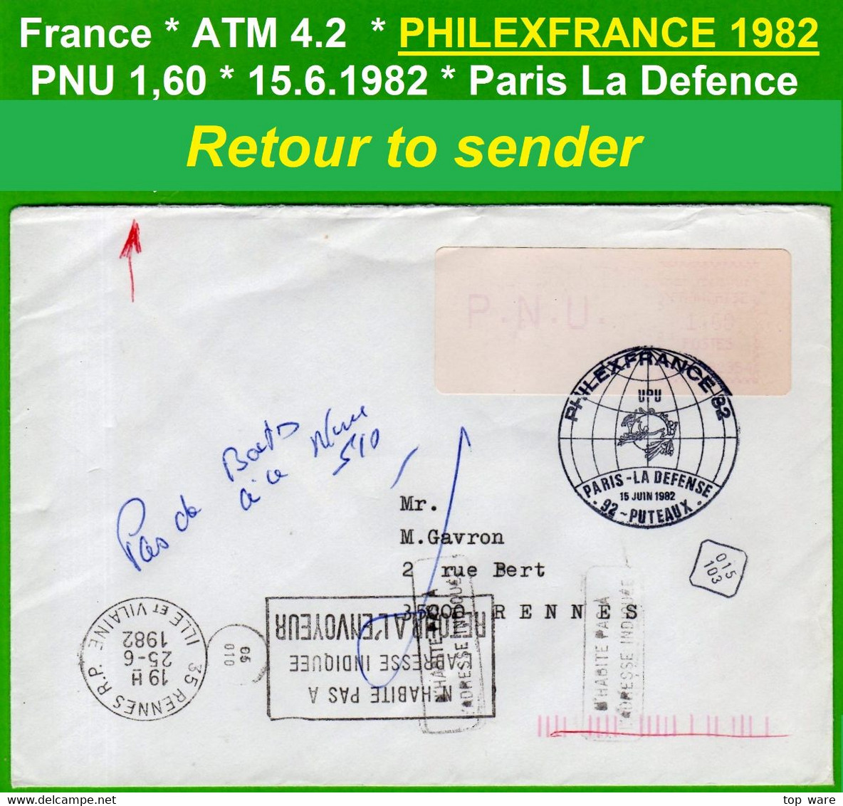 France ATM Vignette LSA 92954 / Michel 4.2 / PNU 1,60 FF On Retour Cover / PHILEXFRANCE 82 / Distributeurs Frama - 1981-84 Types « LS » & « LSA » (prototypes)