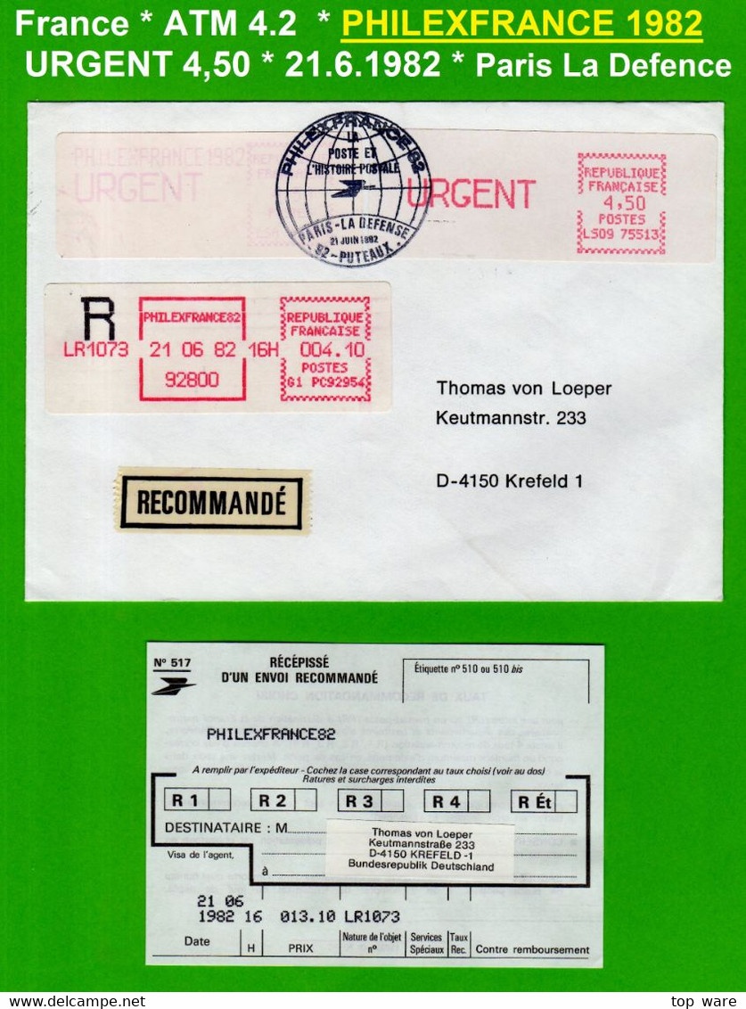 France ATM Vignette LSA 92954 / Michel 4.2 / URGENT 4,50 + LS09 4,50 On R-cover / PHILEXFRANCE 82 / Distributeurs Frama - 1981-84 LS & LSA Prototypes