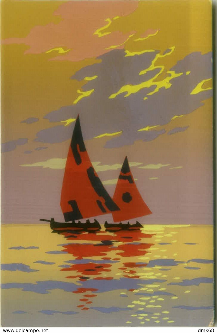 MESCHINI SIGNED 1930s HAND PAINTED / DIPINTA A MANO / POCHOIR POSTCARD - BOAT & SUNSET - ARS NOVA  (1775) - Chiostri, Carlo