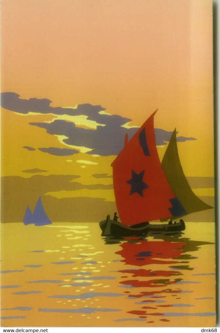 MESCHINI SIGNED 1930s HAND PAINTED / DIPINTA A MANO / POCHOIR POSTCARD - BOAT & SUNSET - ARS NOVA  (1776) - Chiostri, Carlo