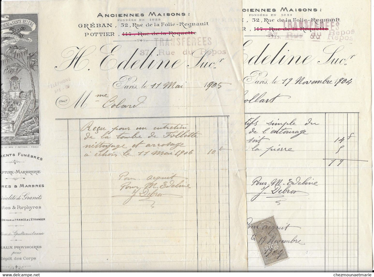 PARIS - MONUMENTS FUNEBRES TOMBES EDELINE POUR COLARD - LOT DE 2 DOCUMENTS - Documents Historiques