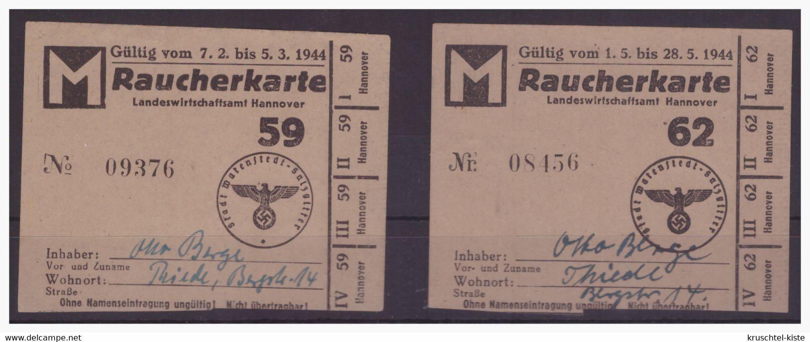 Dt- Reich (005134) 2 Raucherkarten Von 1944 Gebraucht!! Von Hannover - Cartas & Documentos