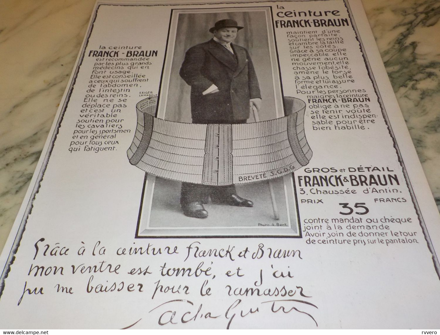 ANCIENNE PUBLICITE CEINTURE DE FRANCK ET BRAUN  SIGNE SACHA GUITRY  1913 - 1900-1940