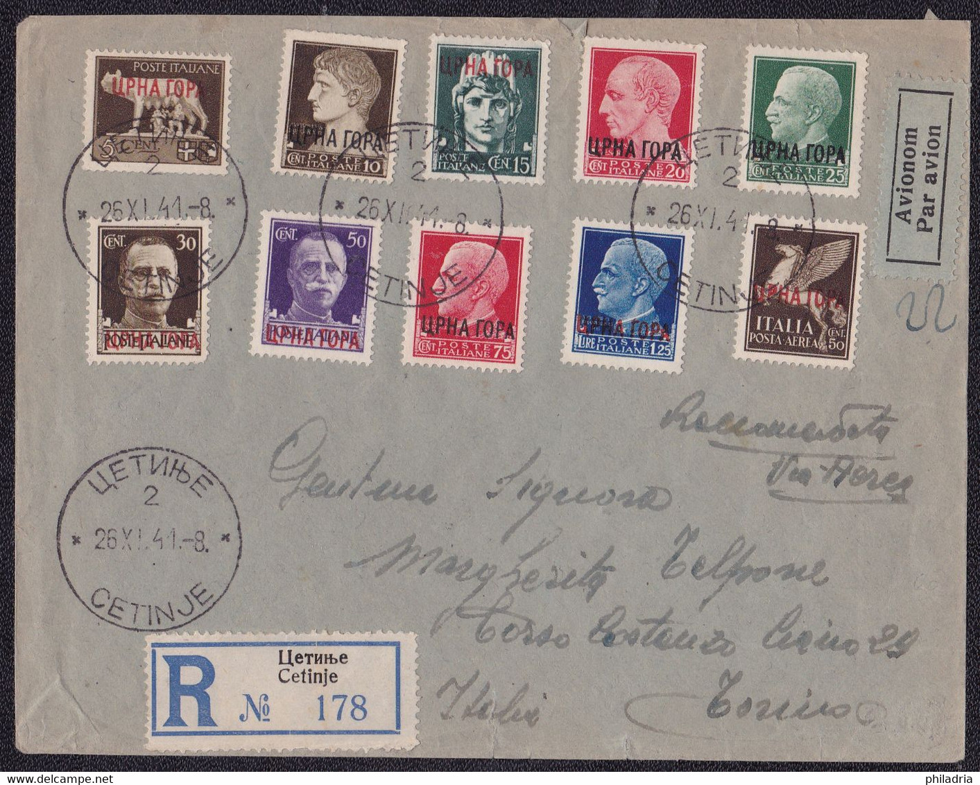 Montenegro, 1941, Italian Occupation, Complete Set On Registered Airmail Cover - Montenegro