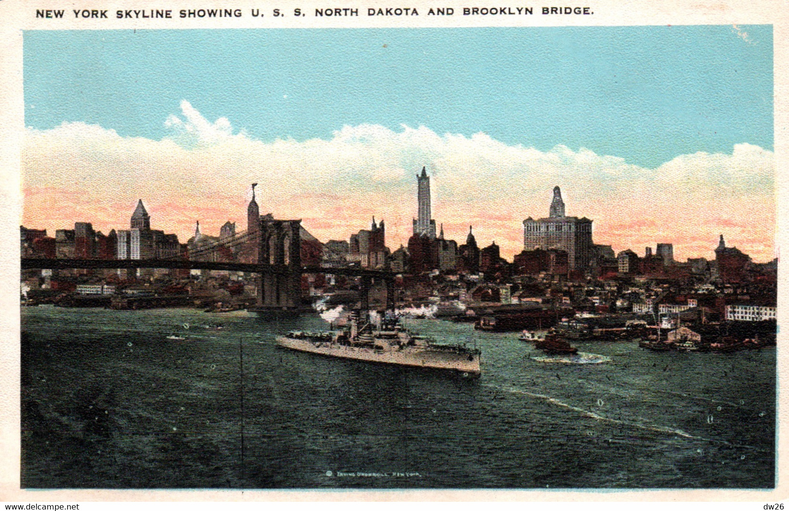 New York Skyline Showing U.S.S. North Dakota And Brooklyn Bridge - Card Not Circulated - Brooklyn