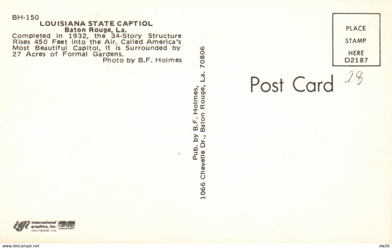 Louisiana State Captiol, Baton Rouge LA - Pub. By B.F. Holmes - Card Not Circulated - Baton Rouge