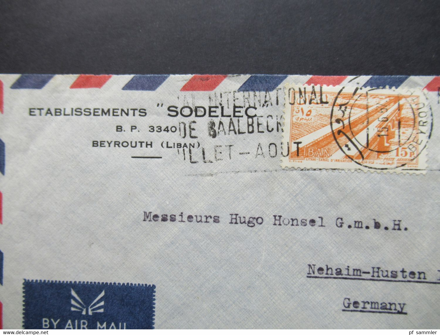 Libanon 1957 Umschlag Etablissements Sodelec Beyrouth (Liban) Luftpost Air Mail Nach Neheim Hüsten - Libanon