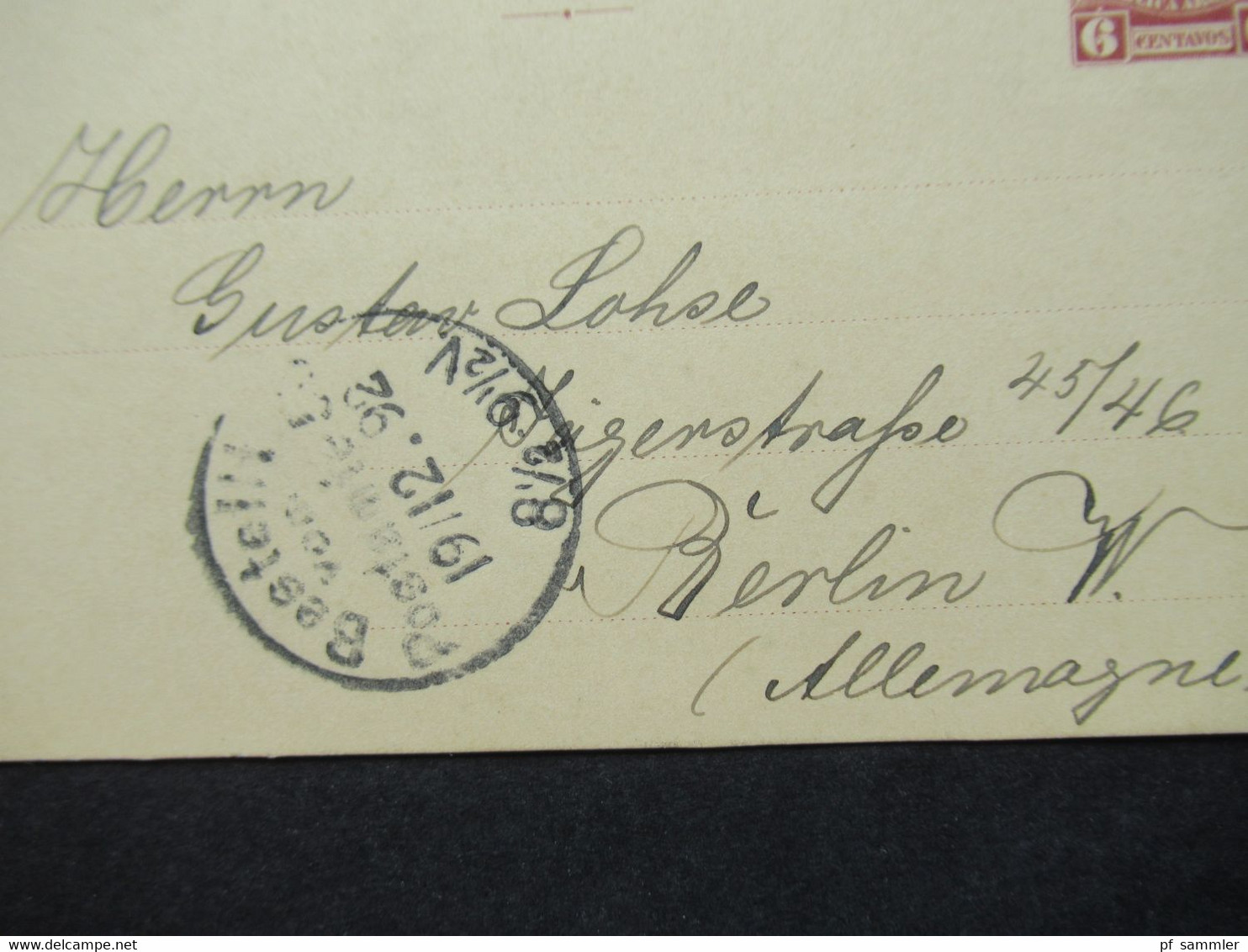 Argentinien 1892 Ganzsache UPU Drogueria Del Leon Hugo Eckmann Kleiner Stempel / Fingerhutstempel Buenos Aires Nach Berl - Storia Postale