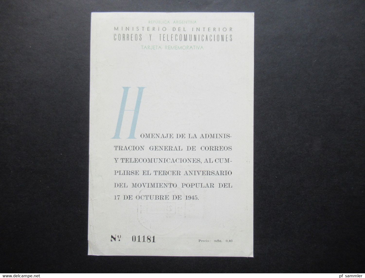 23.11.1947 Dia De Emision Ministerio Del Interior Correos Y Telecomunicaciones Tarjeta Rememorativa Octubre 1945 - Briefe U. Dokumente