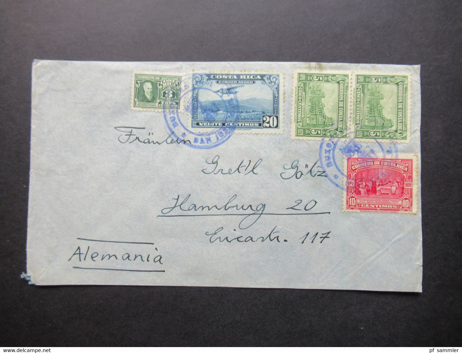 Costa Rica 1937 Air Mail Correo Aereo / UPU Luftpost Beleg Nach Hamburg Mit Blauem Stempel - Costa Rica