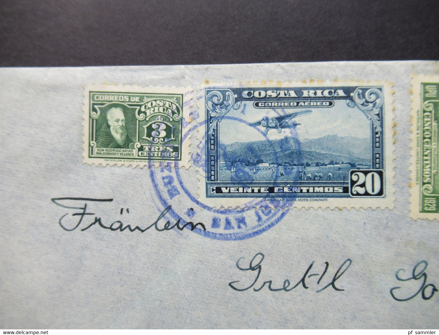 Costa Rica 1937 Air Mail Correo Aereo / UPU Luftpost Beleg Nach Hamburg Mit Blauem Stempel - Costa Rica