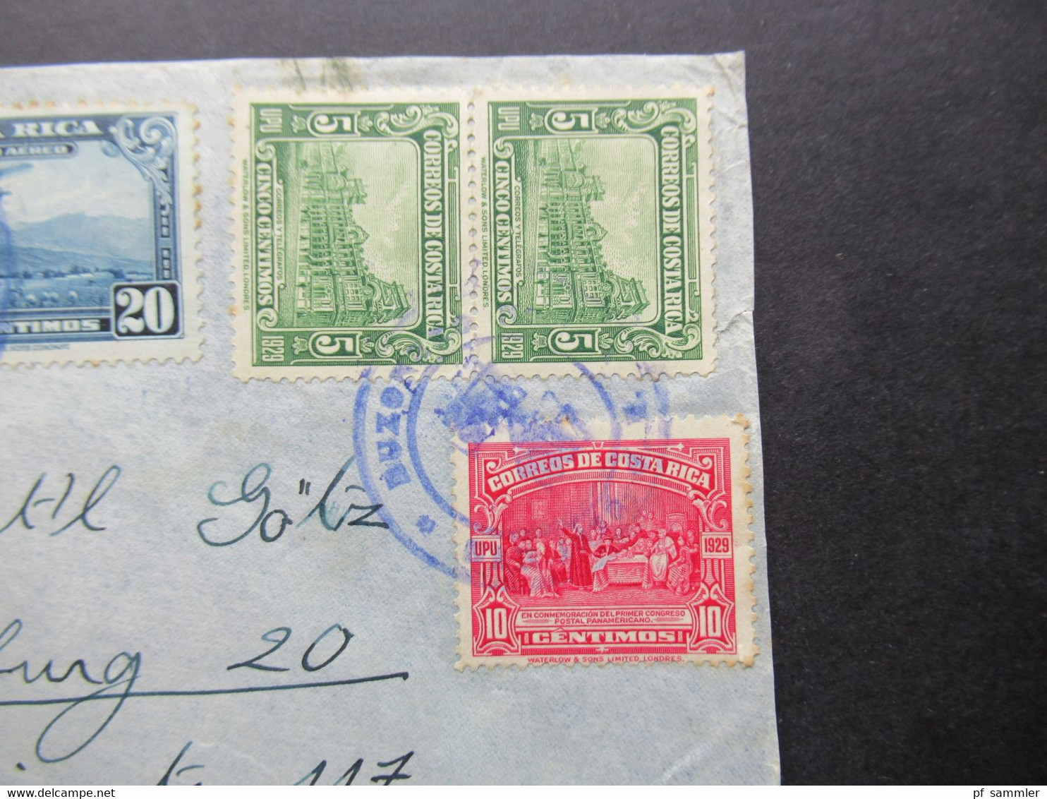 Costa Rica 1937 Air Mail Correo Aereo / UPU Luftpost Beleg Nach Hamburg Mit Blauem Stempel - Costa Rica