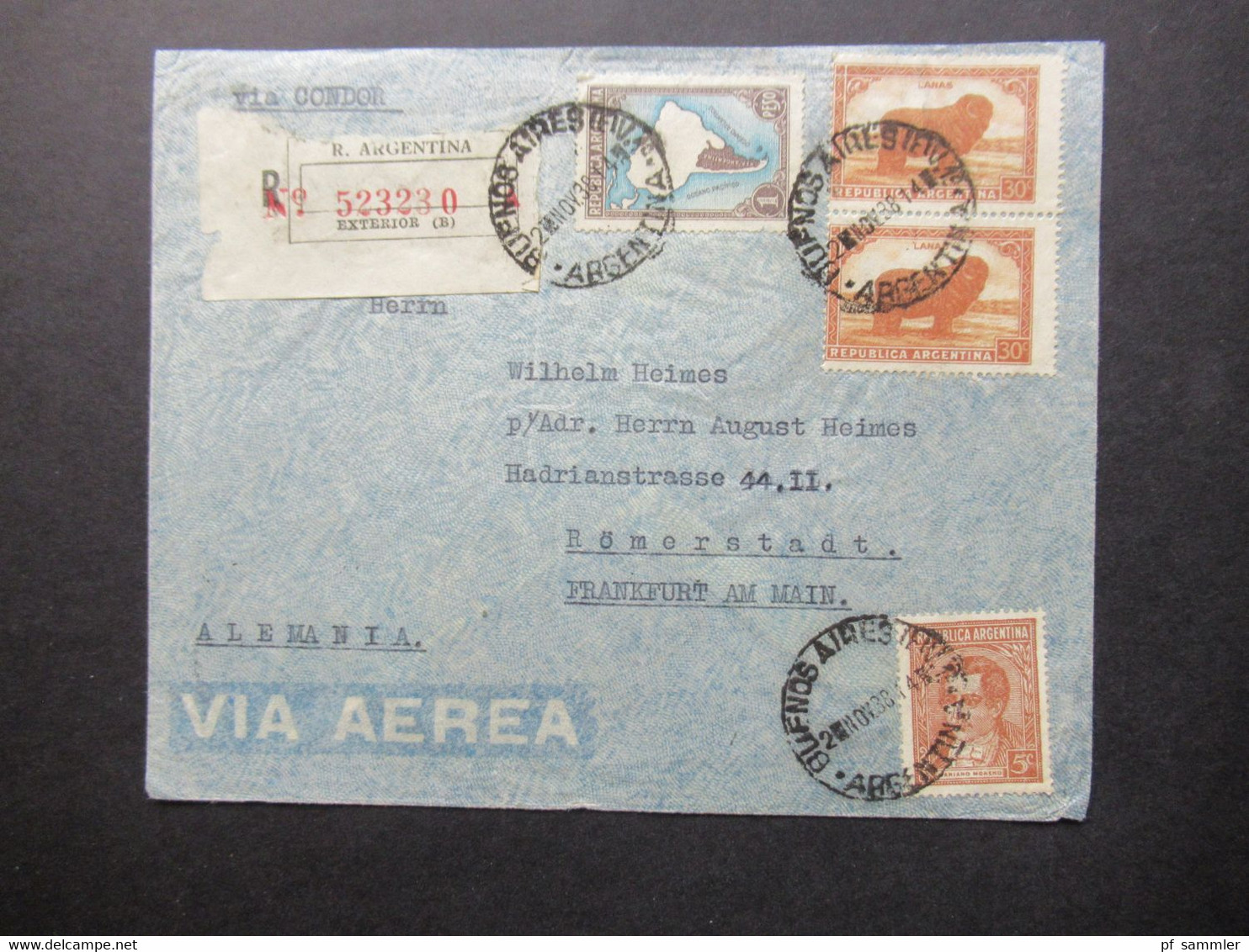 Argentinien 1938 Luftpost Via Aerea Via Condor Einschreiben Exterior B Buenos Aires - Römerstadt Nach Frankfurt Geflogen - Storia Postale