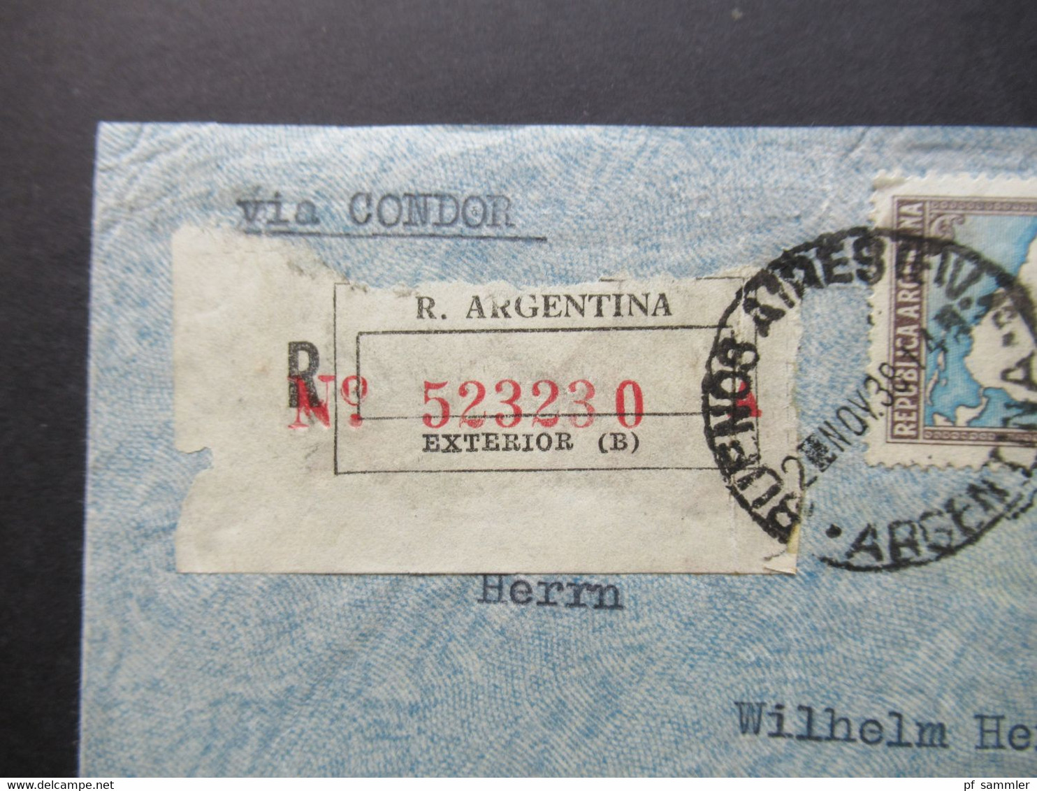 Argentinien 1938 Luftpost Via Aerea Via Condor Einschreiben Exterior B Buenos Aires - Römerstadt Nach Frankfurt Geflogen - Briefe U. Dokumente