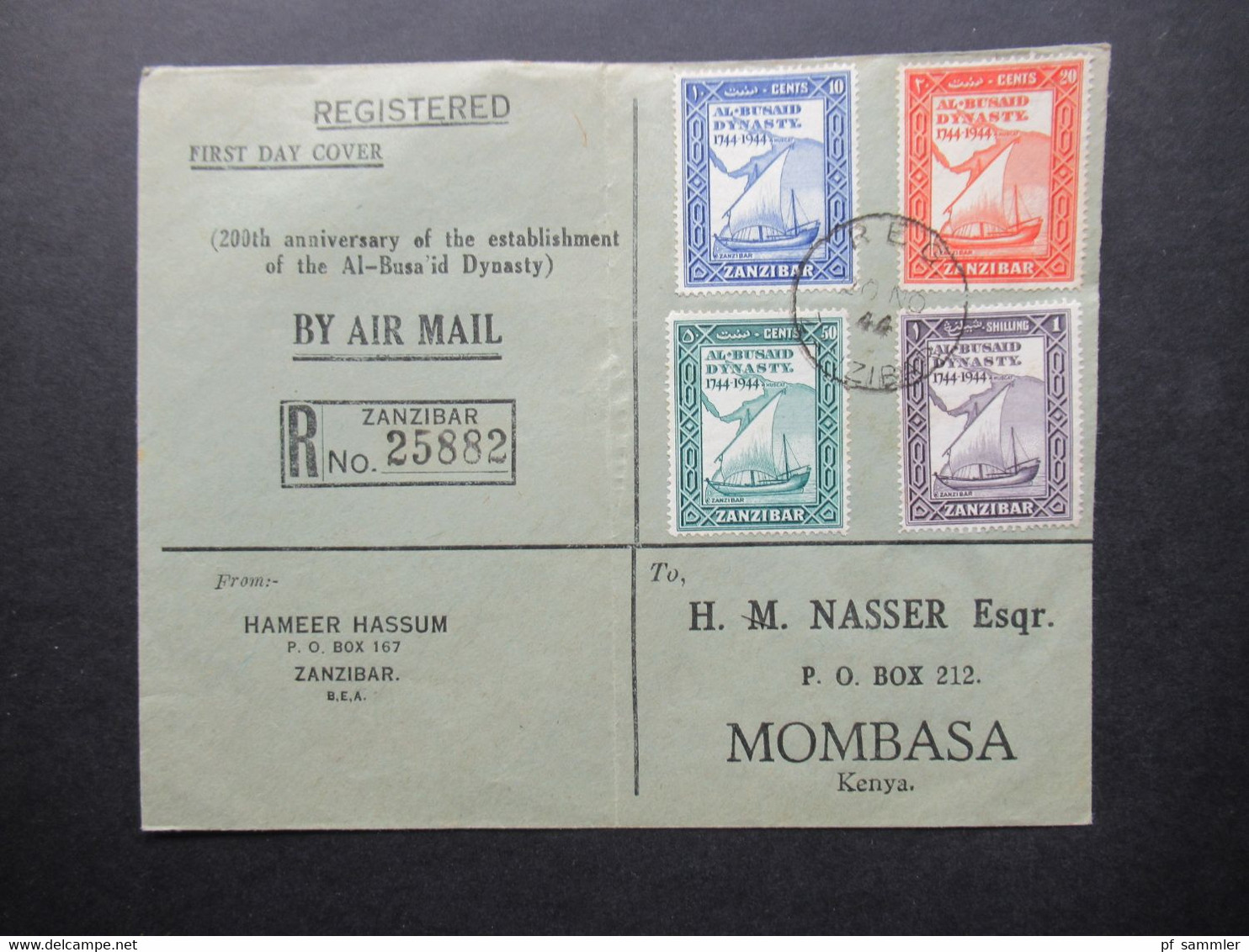 Zanzibar 1944 Registered FDC By Air Mail Nach Mombasa Kenya 200th Anniversary Of Al-Busa'id Dynasty - Zanzibar (...-1963)