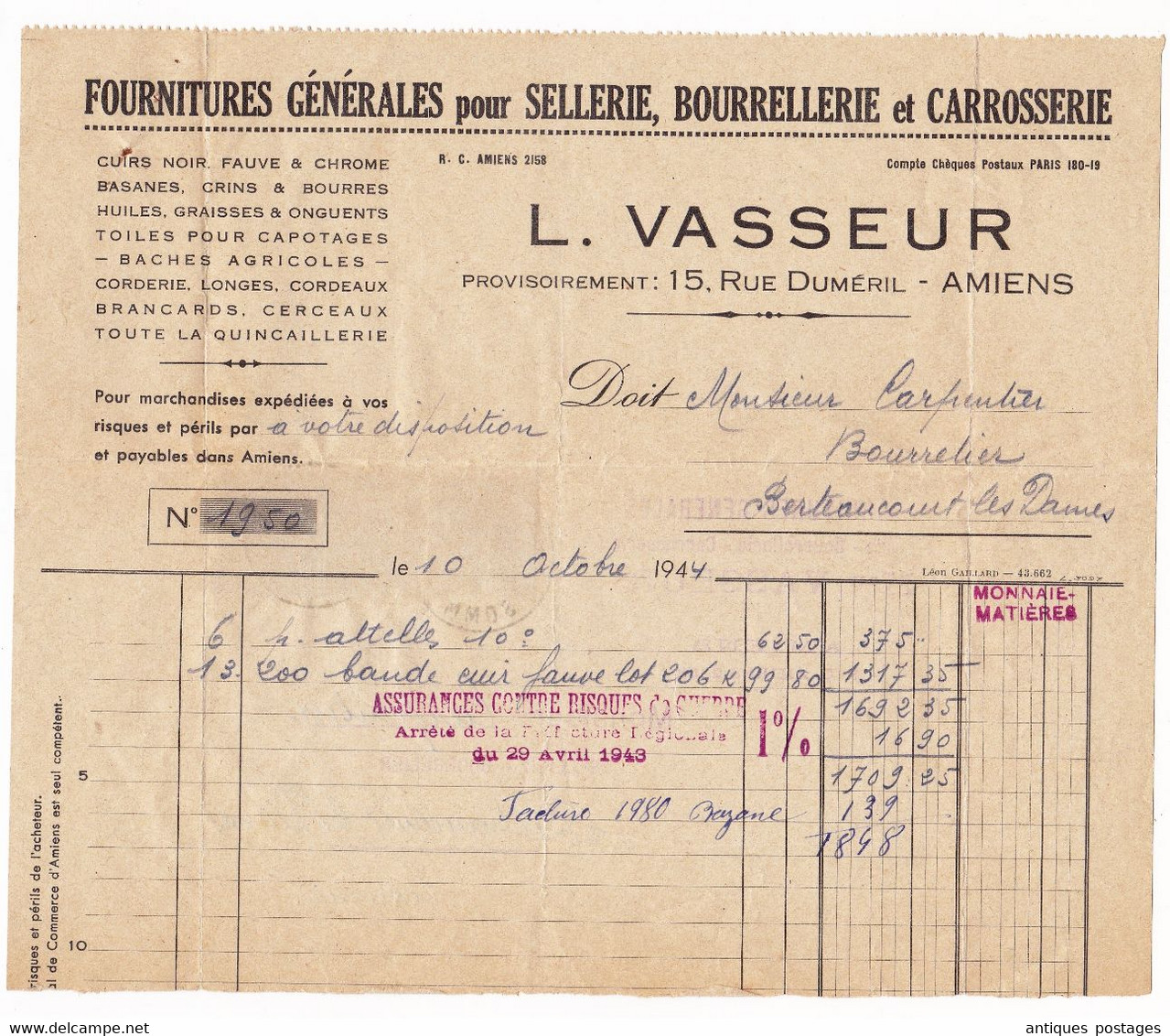 Lettre Amiens 1944 Somme Vasseur Sellerie Bourrellerie Carrosserie Bande De 3 Timbres Mercure - 1938-42 Mercure