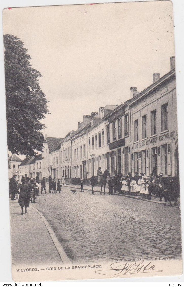 Vilvoorde - Hoek Van De Grote Markt (Decrée) (geanimeerde En Gelopen Kaart Van Voor 1900 Met Zegel) - Vilvoorde