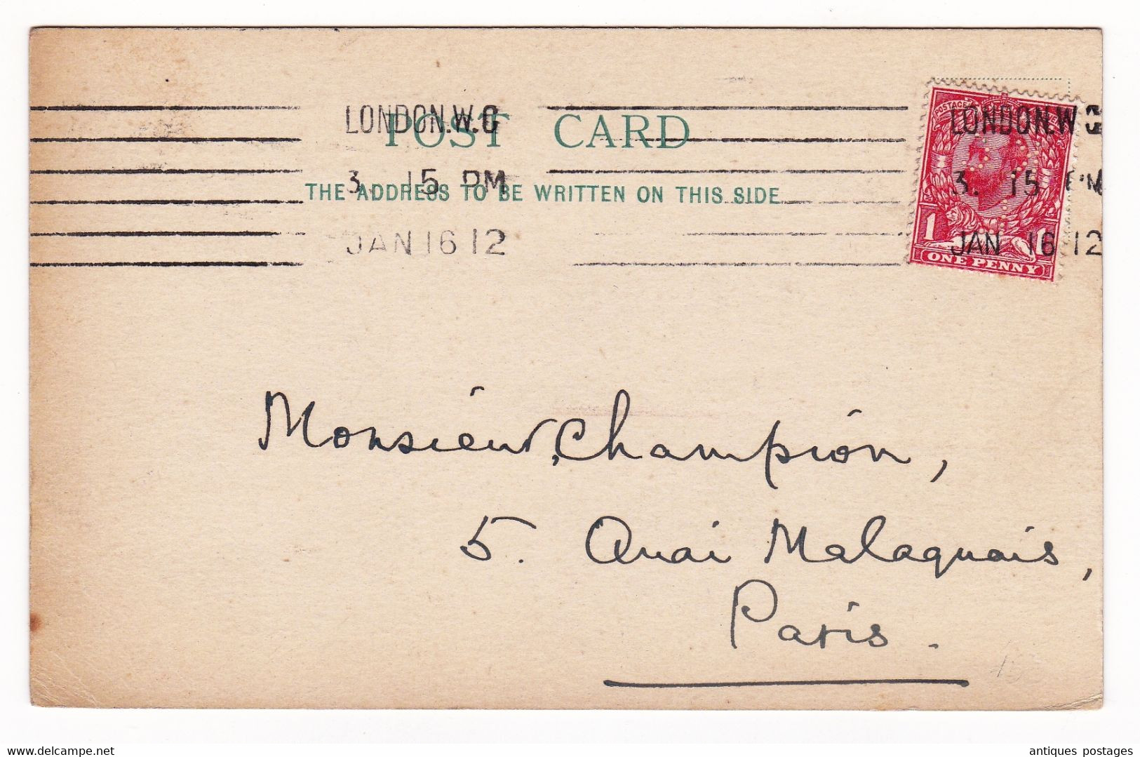 England 1912 University London King's College Bibliothèque Bibliothécaire Honoré Champion Paris Perfored Stamp George V - Storia Postale