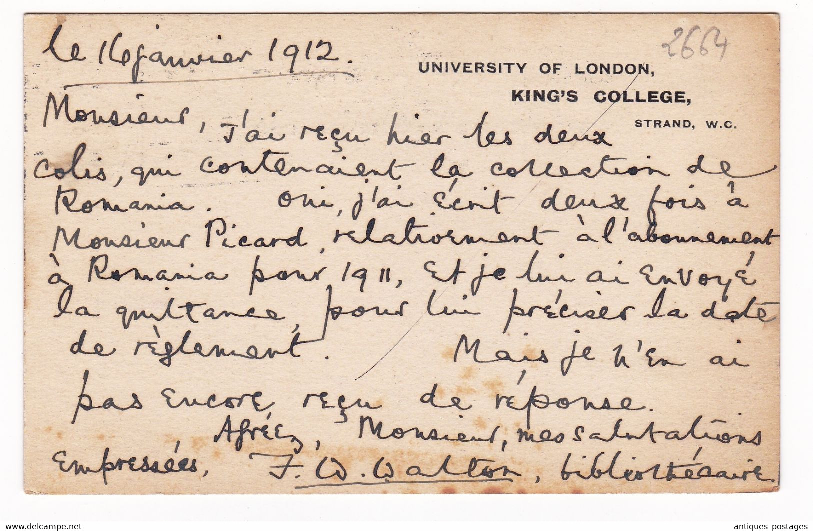 England 1912 University London King's College Bibliothèque Bibliothécaire Honoré Champion Paris Perfored Stamp George V - Brieven En Documenten