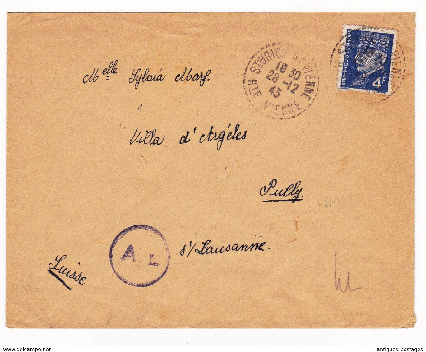 Lettre 1943 Saint Brice Sur Vienne Haute Vienne Timbre Pétain 4F Lausanne Suisse - 1941-42 Pétain