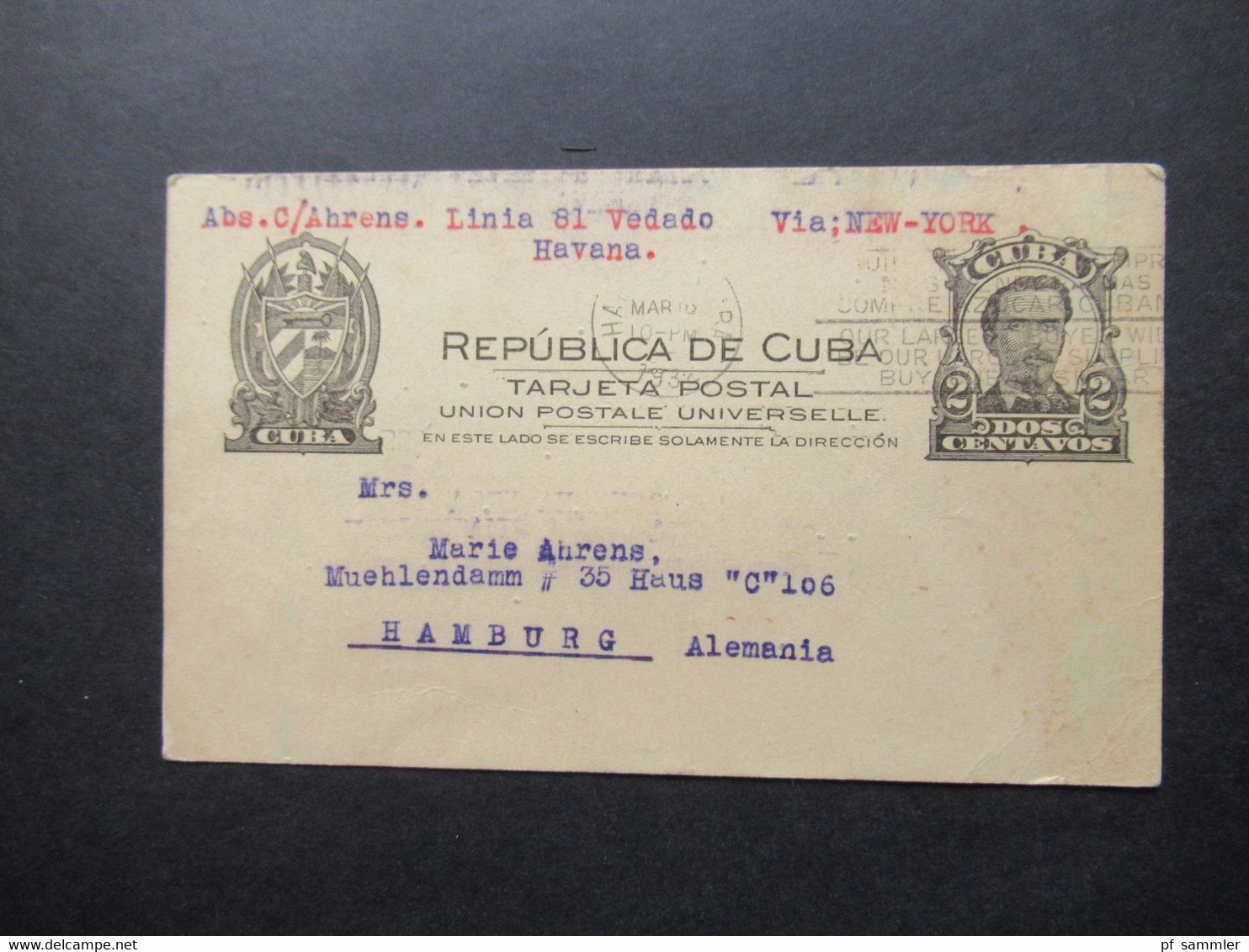 Kuba / Cuba Ganzsache 1932 Tarjeta Postal UPU Via New York Nach Hamburg (Schiffspost) - Covers & Documents