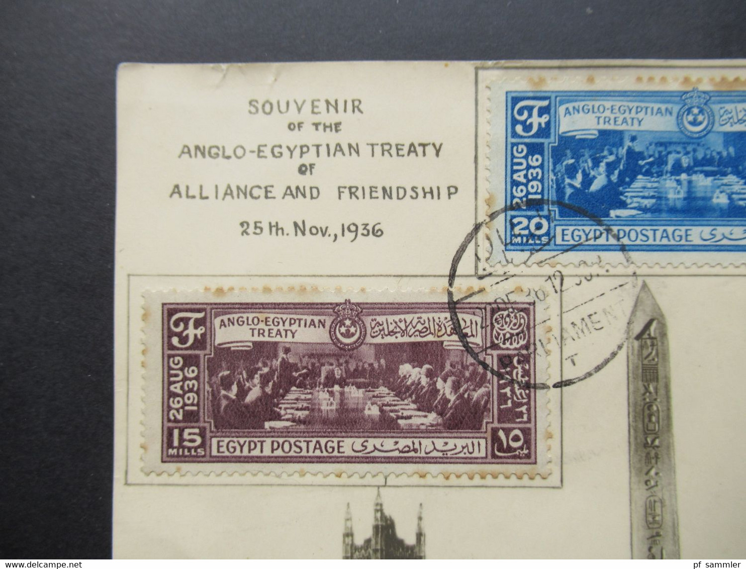 Ägypten Souvenir Of The Anglo Egyptian Treaty Of Alliance And Friendship 25th 11.1936 Foto Karte Houses Of Parliament - Cartas & Documentos