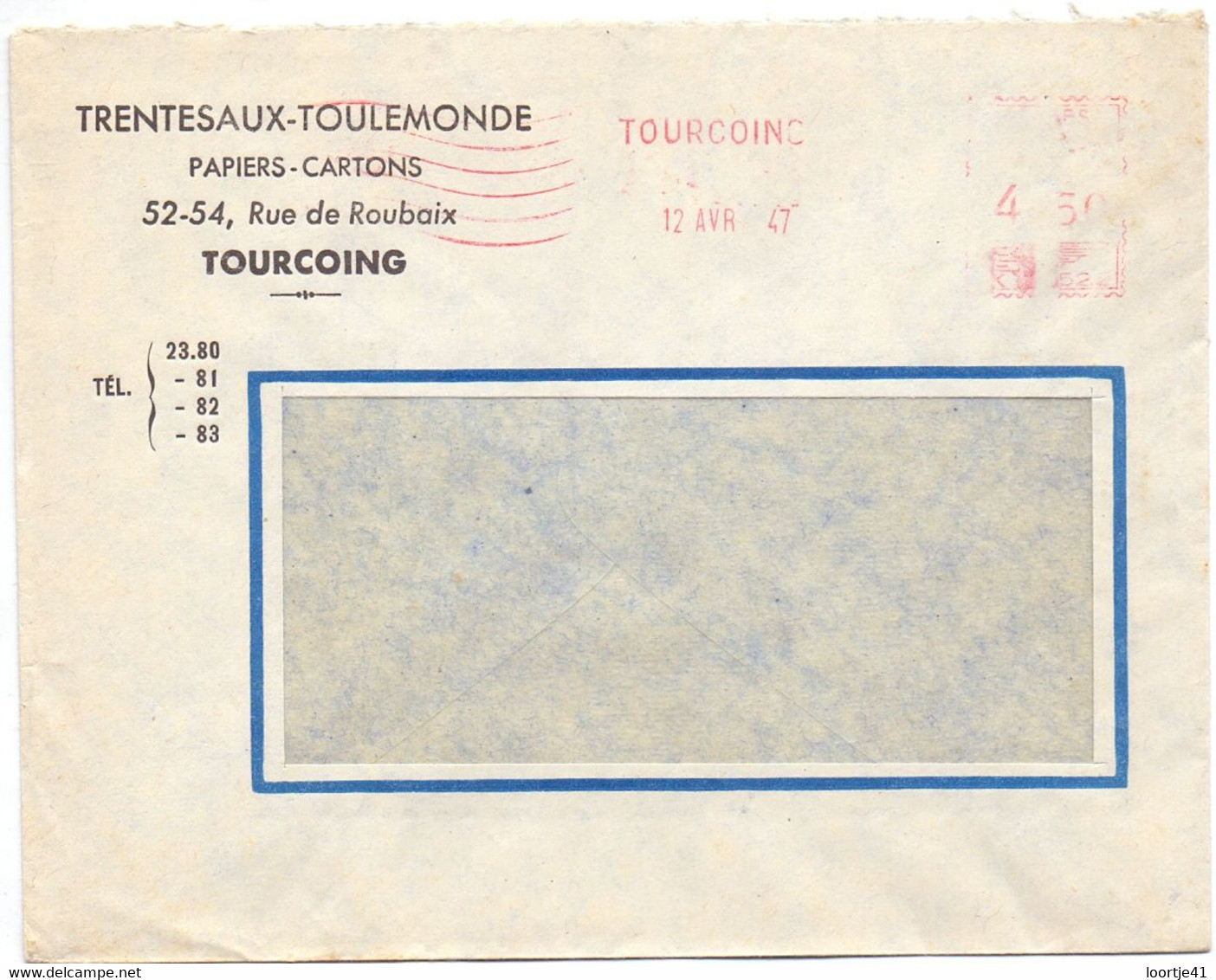 Omslag Enveloppe - Trentesaux Toulemonde , Tourcoing - Stempel Cachet 1947 - Briefe U. Dokumente