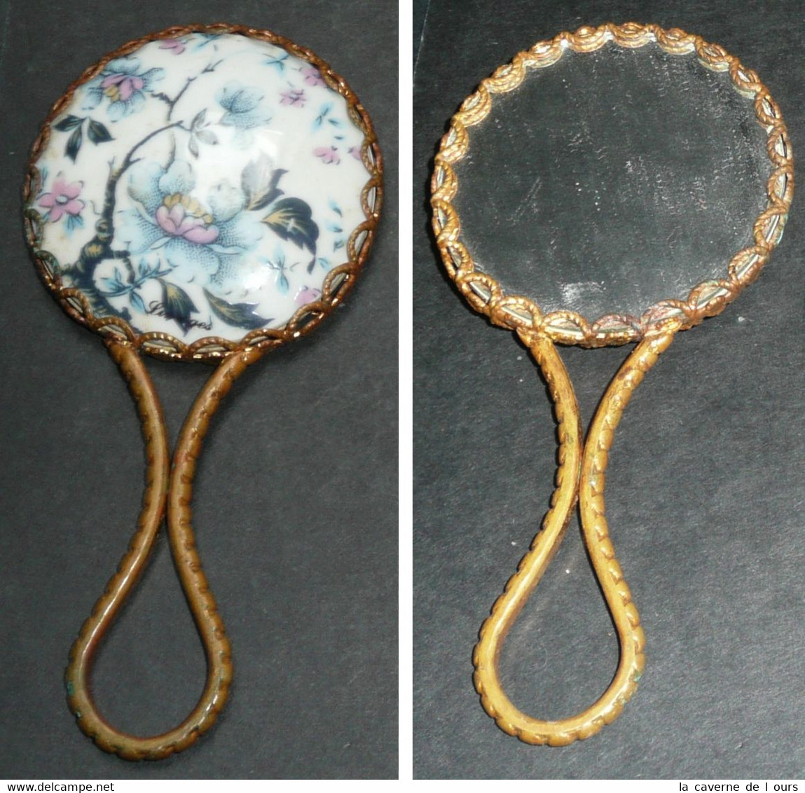 Rare Ancien Miroir De Poche Ou Sac, Face à Main Avec Médaillon En Porcelaine De Limoges, Décor Végétal Japonisant - Accessoires