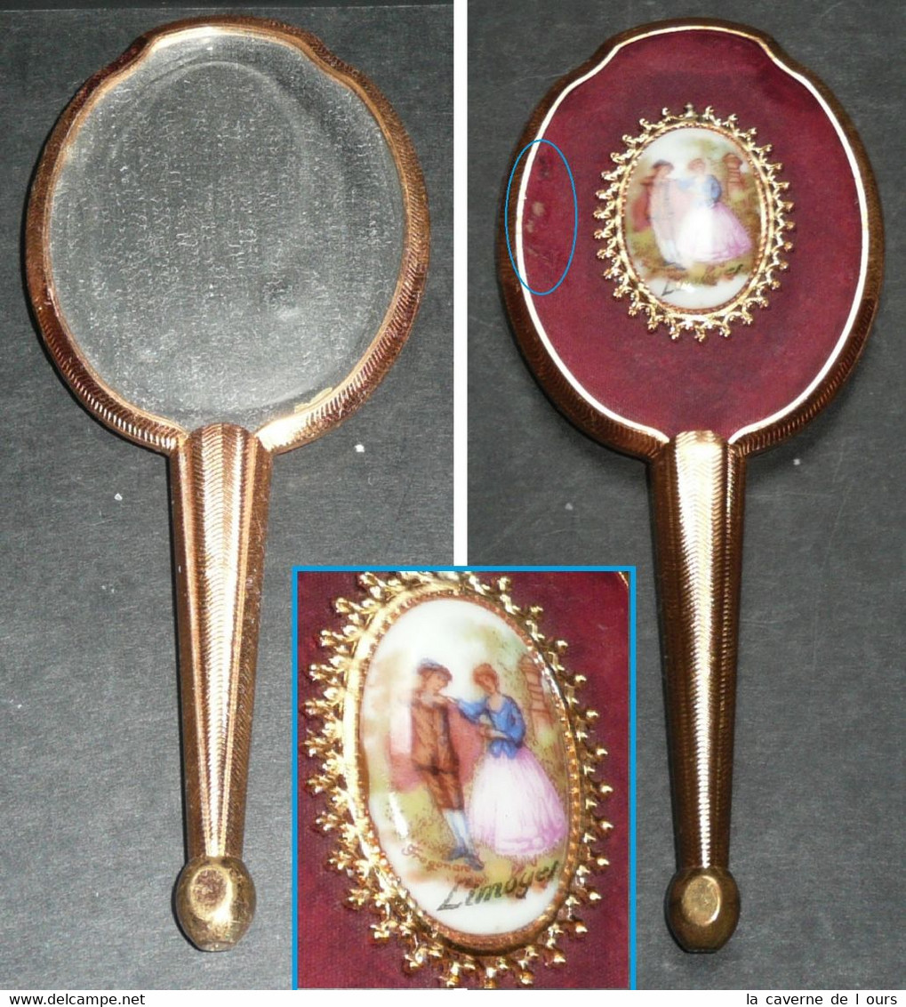 Rare Ancien Miroir De Poche Ou Sac, Face à Main Avec Médaillon En Porcelaine Limoges, Scène Galante, Verre Biseauté - Accessoires